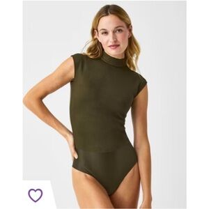 New Spanx Faux Suede Mock Neck Bodysuit Women’s Large Utility Green Compression